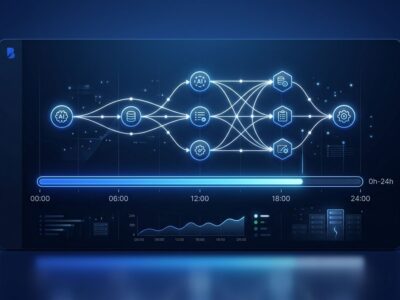 Notion AI agent sixth-generation harness with 24-hour durable execution, queue-backed worker loop and MCP connectors illustrated as glowing blue agent nodes on a dark background
