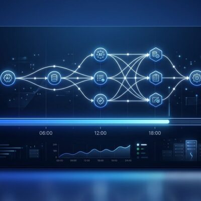 Notion AI agent sixth-generation harness with 24-hour durable execution, queue-backed worker loop and MCP connectors illustrated as glowing blue agent nodes on a dark background