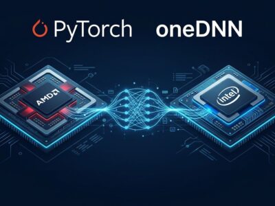 AMD and Intel chips connected by a unified neural network pathway representing the oneDNN PyTorch x86 backend unification