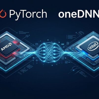 AMD and Intel chips connected by a unified neural network pathway representing the oneDNN PyTorch x86 backend unification