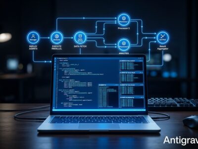 Antigravity 2.0 IDE running on a Googlebook laptop with multi-agent orchestration visualization