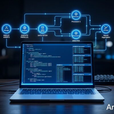 Antigravity 2.0 IDE running on a Googlebook laptop with multi-agent orchestration visualization