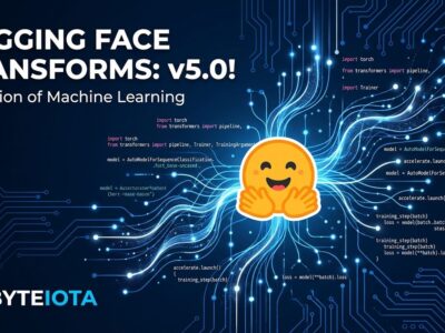 Hugging Face Transformers 5.0 neural network illustration with PyTorch and multimodal AI concepts on blue background