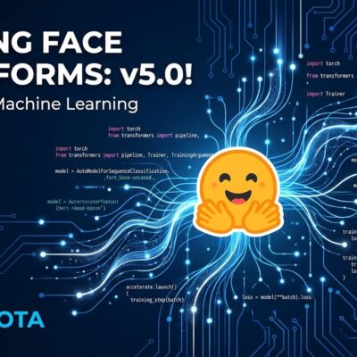 Hugging Face Transformers 5.0 neural network illustration with PyTorch and multimodal AI concepts on blue background