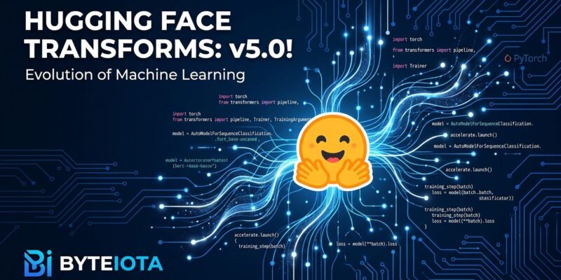 Hugging Face Transformers 5.0 neural network illustration with PyTorch and multimodal AI concepts on blue background