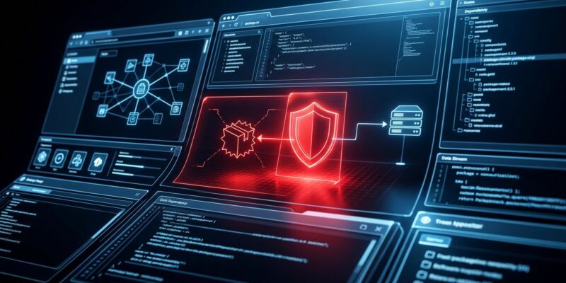 A repository firewall interface blocking malicious packages pulled by AI agents, illustrating Nexus Repository Pro+ supply chain security