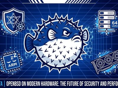 OpenBSD 8.0 pufferfish mascot surrounded by post-quantum security shields, 64-vCPU VM icons, Intel Arc GPU, and ARM chip symbols