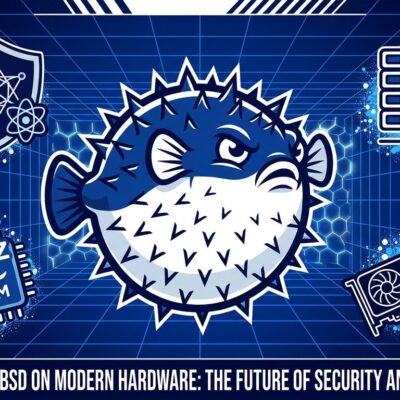 OpenBSD 8.0 pufferfish mascot surrounded by post-quantum security shields, 64-vCPU VM icons, Intel Arc GPU, and ARM chip symbols