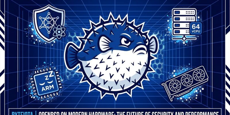 OpenBSD 8.0 pufferfish mascot surrounded by post-quantum security shields, 64-vCPU VM icons, Intel Arc GPU, and ARM chip symbols