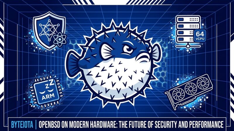 OpenBSD 8.0 pufferfish mascot surrounded by post-quantum security shields, 64-vCPU VM icons, Intel Arc GPU, and ARM chip symbols