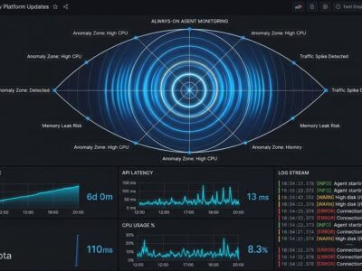 Grafana observability dashboard showing radar chart with agent monitoring rings and performance metrics