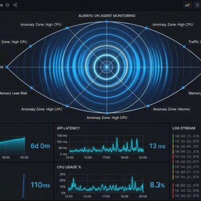 Grafana observability dashboard showing radar chart with agent monitoring rings and performance metrics