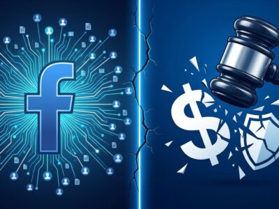 Split-screen illustration showing Facebook data harvesting on the left versus a judicial gavel representing the 5 billion Cambridge Analytica privacy ruling on the right