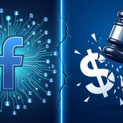 Split-screen illustration showing Facebook data harvesting on the left versus a judicial gavel representing the 5 billion Cambridge Analytica privacy ruling on the right