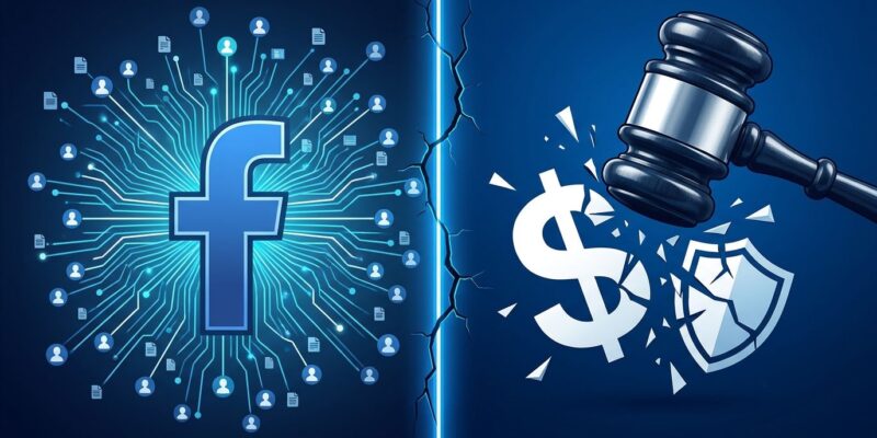 Split-screen illustration showing Facebook data harvesting on the left versus a judicial gavel representing the 5 billion Cambridge Analytica privacy ruling on the right