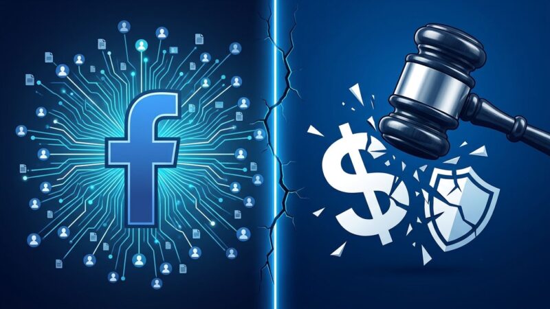 Split-screen illustration showing Facebook data harvesting on the left versus a judicial gavel representing the 5 billion Cambridge Analytica privacy ruling on the right
