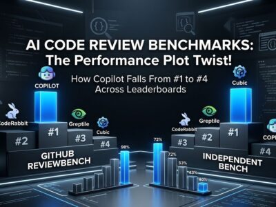 Benchmark comparison chart showing GitHub Copilot ranking first on ReviewBench and fourth on Martian's independent AI code review benchmark