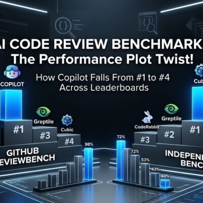 Benchmark comparison chart showing GitHub Copilot ranking first on ReviewBench and fourth on Martian's independent AI code review benchmark