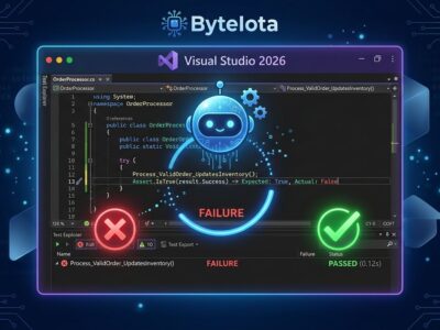 Visual Studio 2026 18.11 IDE window showing AI Debugger Agent fixing a failing unit test with blue circuit-board robot icon and green checkmark