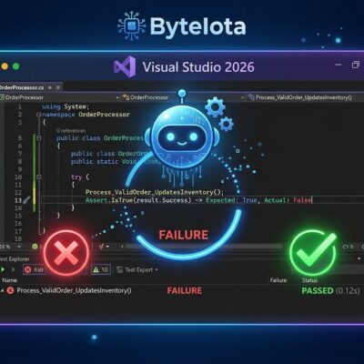 Visual Studio 2026 18.11 IDE window showing AI Debugger Agent fixing a failing unit test with blue circuit-board robot icon and green checkmark