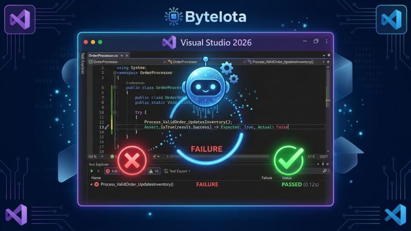 Visual Studio 2026 18.11 IDE window showing AI Debugger Agent fixing a failing unit test with blue circuit-board robot icon and green checkmark