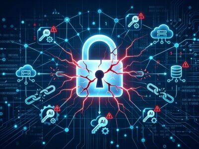 Broken padlock with digital network and API key icons representing a cloud platform security breach targeting AI API keys
