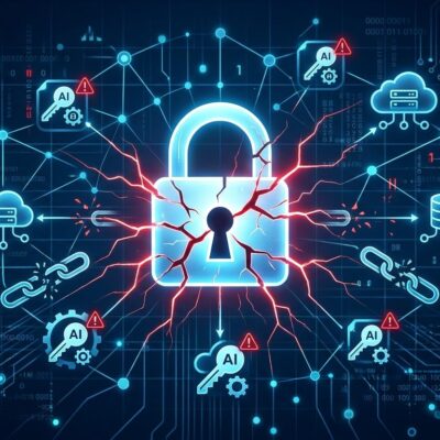 Broken padlock with digital network and API key icons representing a cloud platform security breach targeting AI API keys