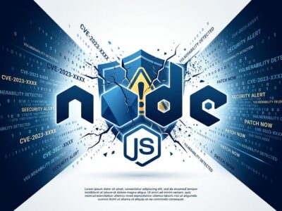 Node.js logo with cracked security shield and CVE vulnerability warning symbols - Brotli decoder RCE vulnerability