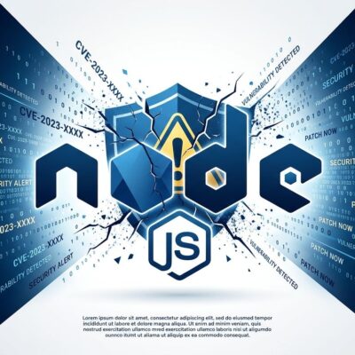 Node.js logo with cracked security shield and CVE vulnerability warning symbols - Brotli decoder RCE vulnerability