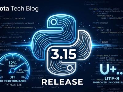 Python 3.15 release featured image showing Python logo with version 3.15, JIT performance gauge, and UTF-8 symbol on dark blue background