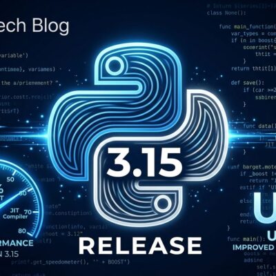 Python 3.15 release featured image showing Python logo with version 3.15, JIT performance gauge, and UTF-8 symbol on dark blue background
