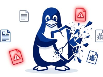 Linux Tux penguin with cracked security shield and bug report icons representing kernel vulnerability disclosure