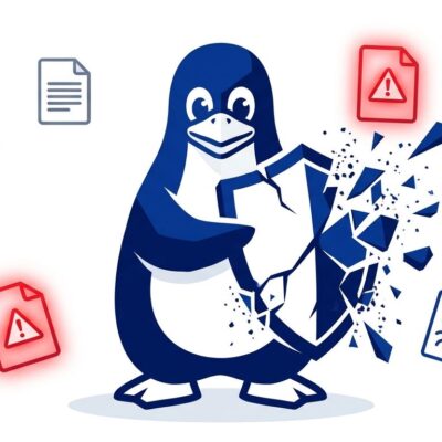 Linux Tux penguin with cracked security shield and bug report icons representing kernel vulnerability disclosure