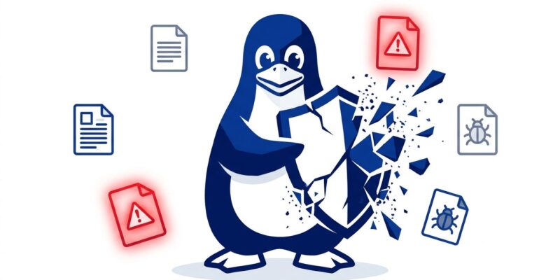 Linux Tux penguin with cracked security shield and bug report icons representing kernel vulnerability disclosure