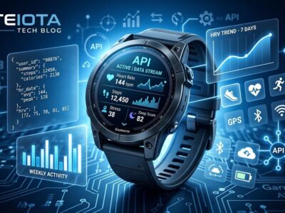 Garmin smartwatch displaying health metrics with API data visualization elements in blue and white