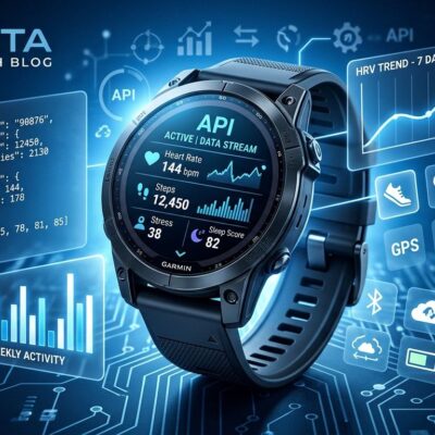 Garmin smartwatch displaying health metrics with API data visualization elements in blue and white