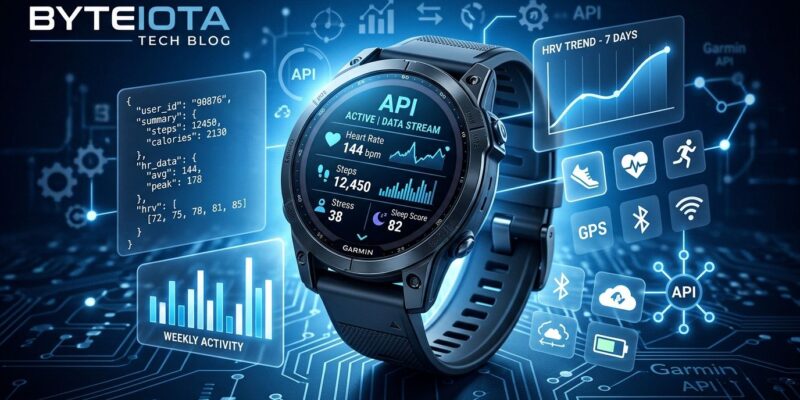 Garmin smartwatch displaying health metrics with API data visualization elements in blue and white