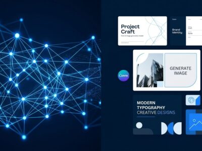 Canva Craft: design-trained AI image generation model with neural network and design template elements in blue and white