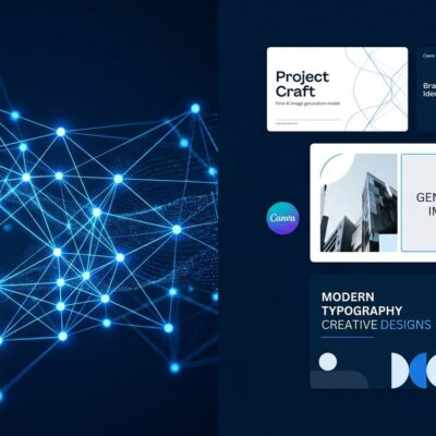Canva Craft: design-trained AI image generation model with neural network and design template elements in blue and white
