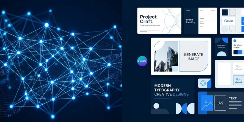Canva Craft: design-trained AI image generation model with neural network and design template elements in blue and white