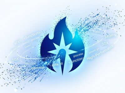 Abstract conceptual illustration of Recursive Flint AI coding model with spark symbol and code fragments