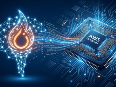 Amazon TorchNeuron — PyTorch neural network merging into AWS Trainium chip with blue and orange accents