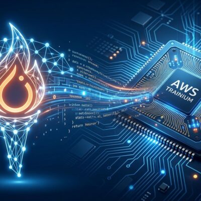 Amazon TorchNeuron — PyTorch neural network merging into AWS Trainium chip with blue and orange accents