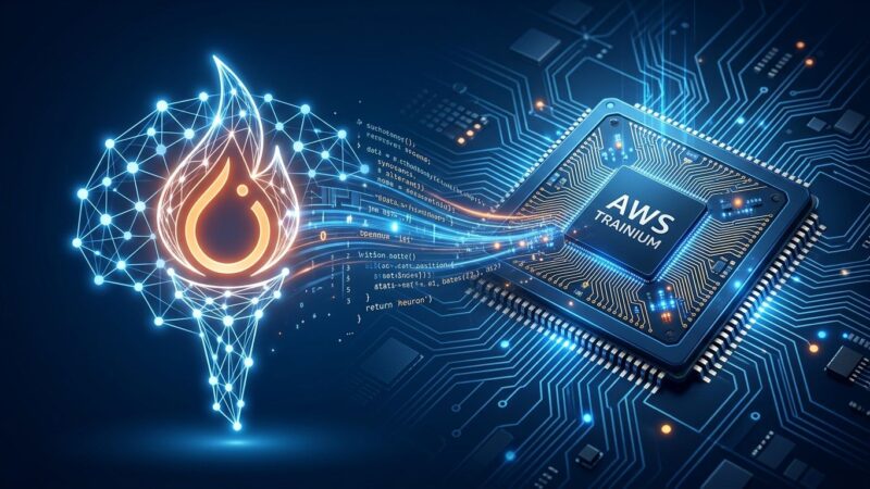Amazon TorchNeuron — PyTorch neural network merging into AWS Trainium chip with blue and orange accents