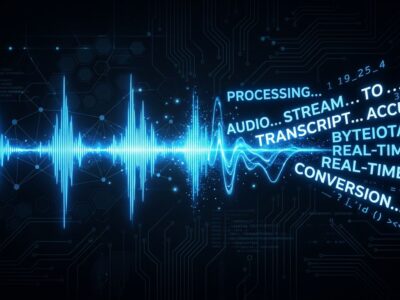 Microsoft MAI-Transcribe-2-Streaming streaming speech-to-text model — audio waveform transforming into text representing real-time voice agent transcription