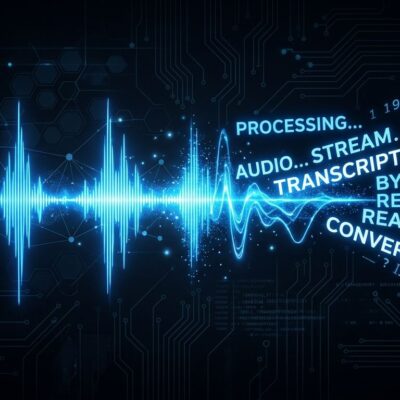 Microsoft MAI-Transcribe-2-Streaming streaming speech-to-text model — audio waveform transforming into text representing real-time voice agent transcription