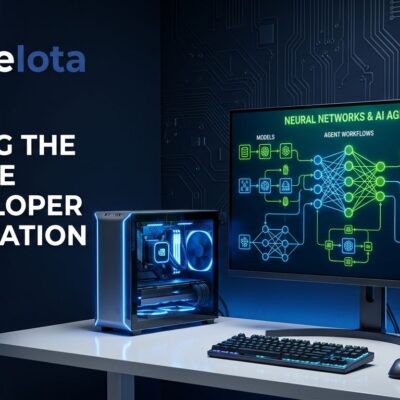 NVIDIA DGX Spark 64GB compact desktop AI workstation with glowing blue LED accents displaying neural network diagrams on screen