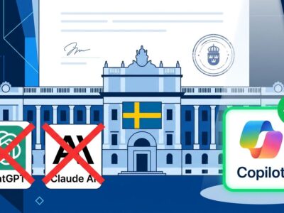 Swedish government building with AI tool approval and rejection symbols, Copilot approved while ChatGPT and Claude are blocked