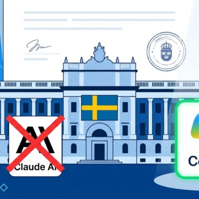 Swedish government building with AI tool approval and rejection symbols, Copilot approved while ChatGPT and Claude are blocked