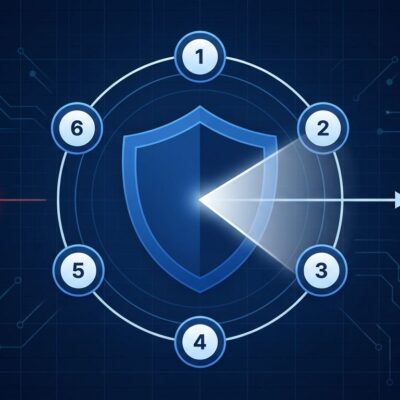 AI agent nodes in a circular security audit workflow around a central shield, representing Cloudflare security-audit-skill adversarial verification architecture